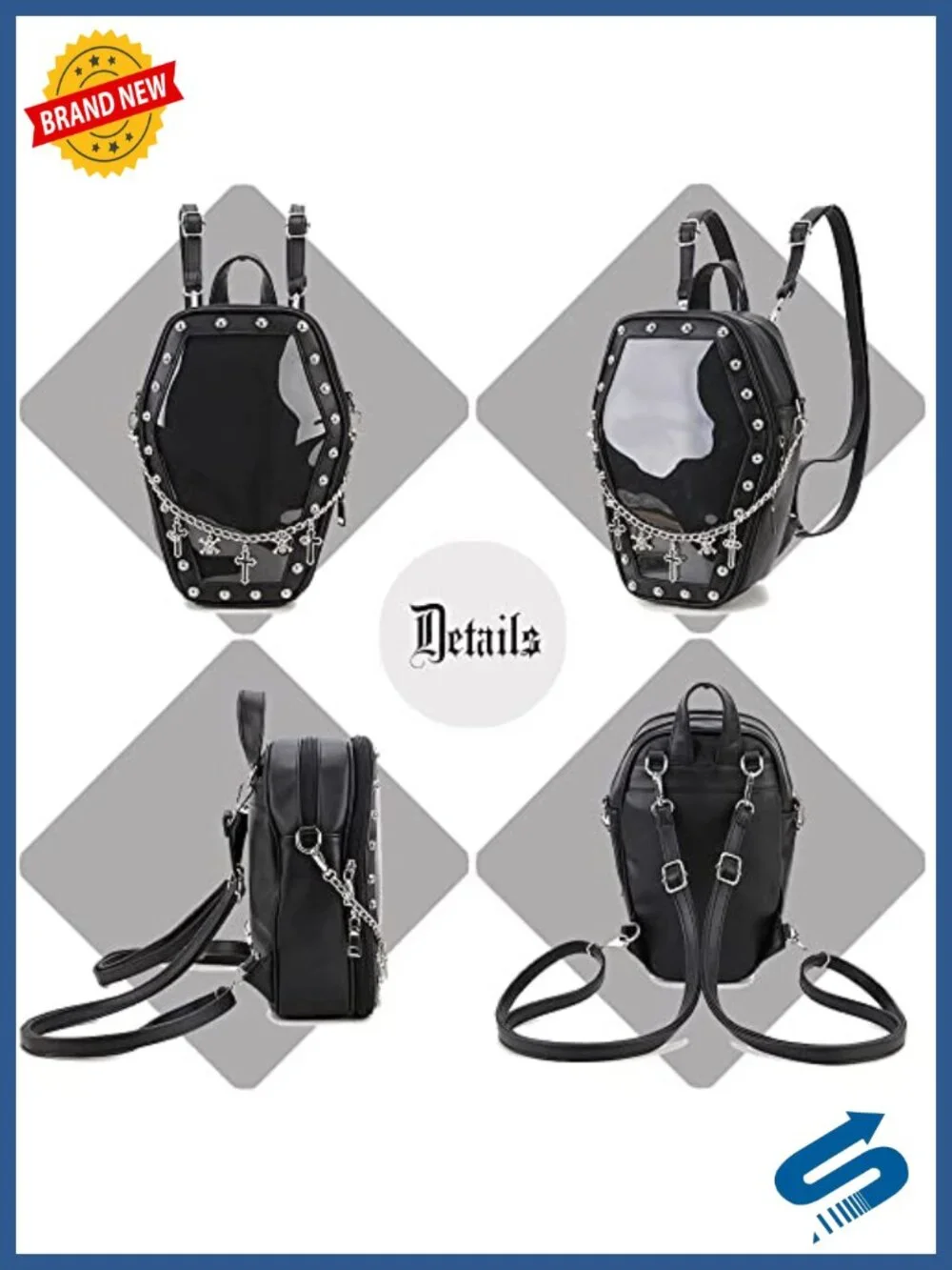 Gothic Coffin Shape Fashion Backpack - Vegan Leather Ita Bag with Clear Window